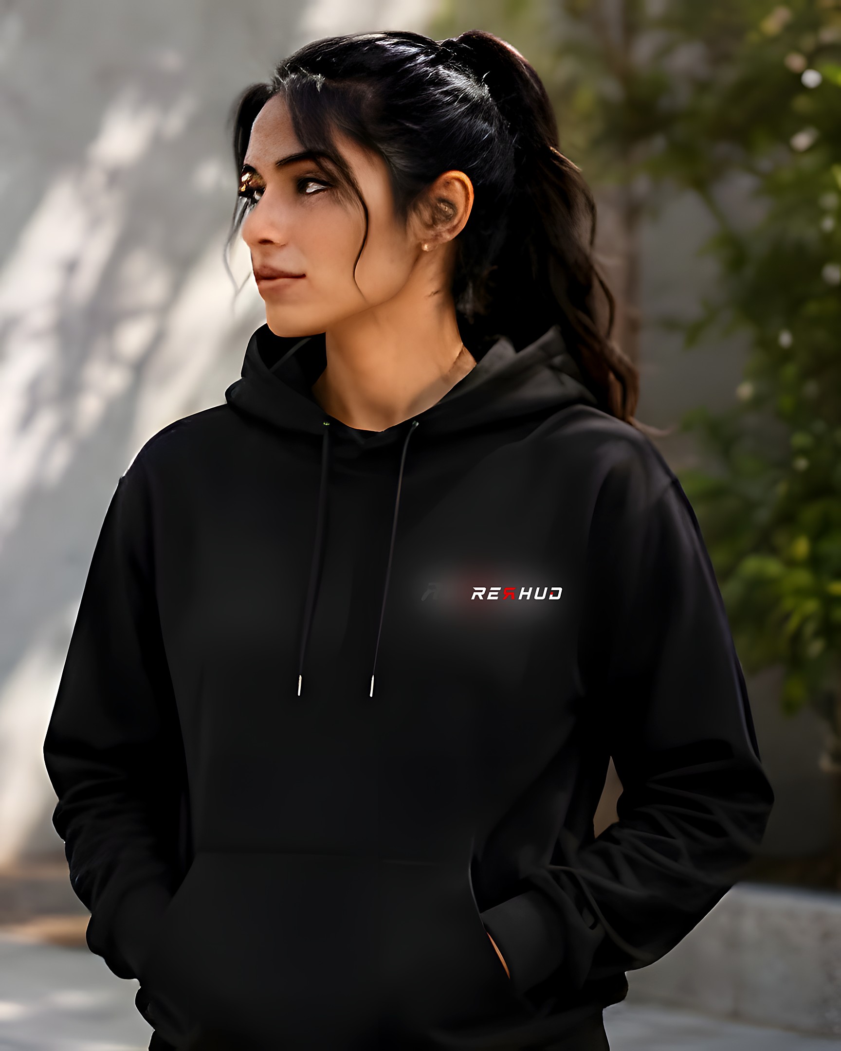 RERHUD Hoodie in Black — side profile.