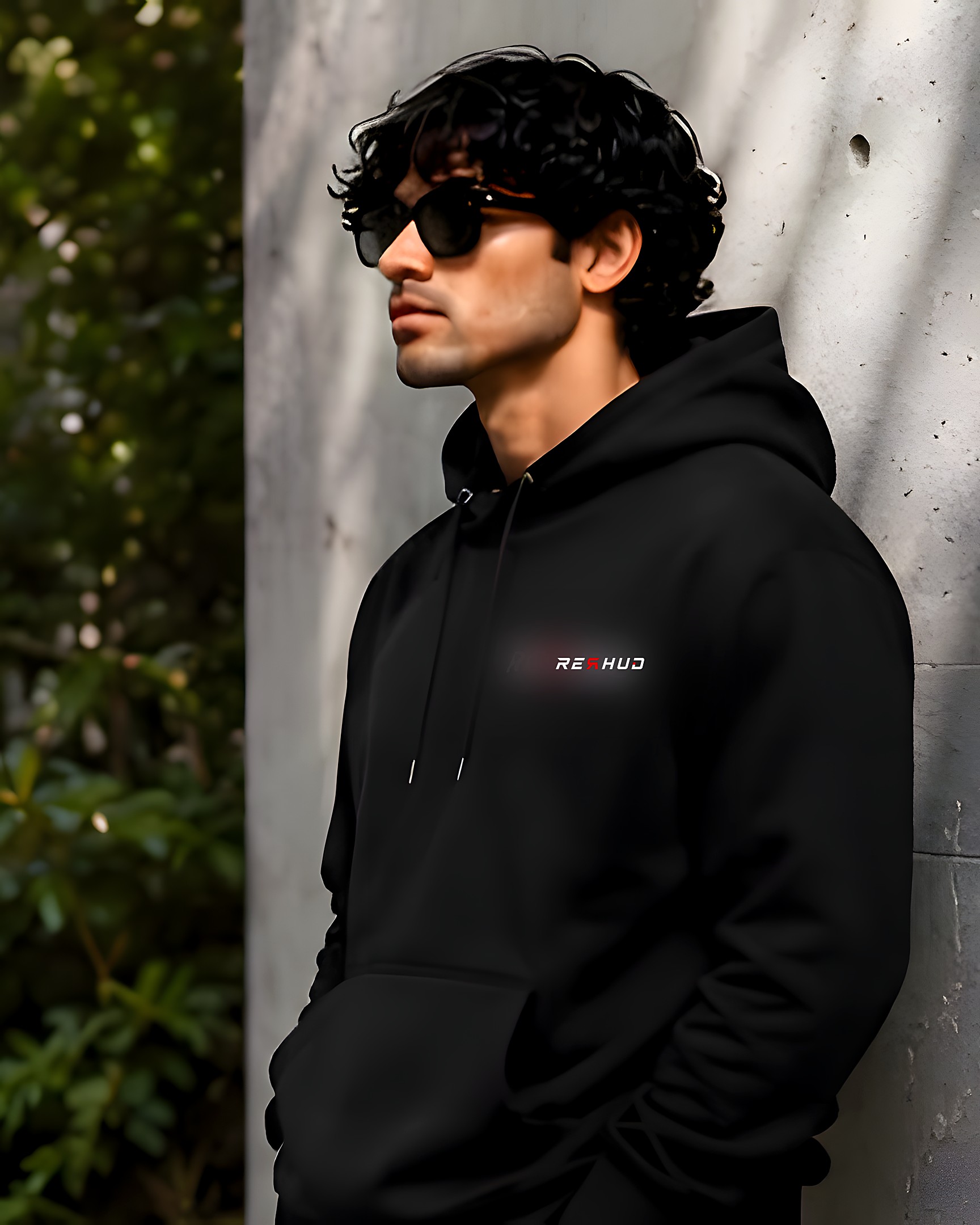 RERHUD Hoodie in Black — side profile.