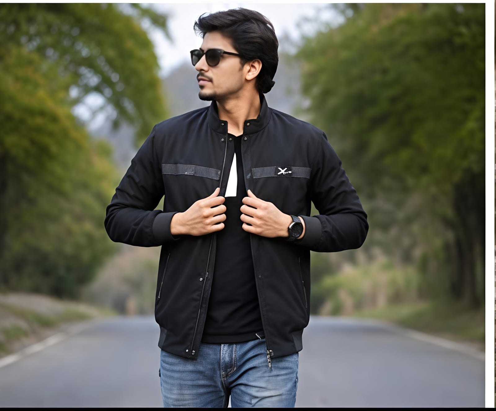 RERHUD Jacket in Black — worn open.